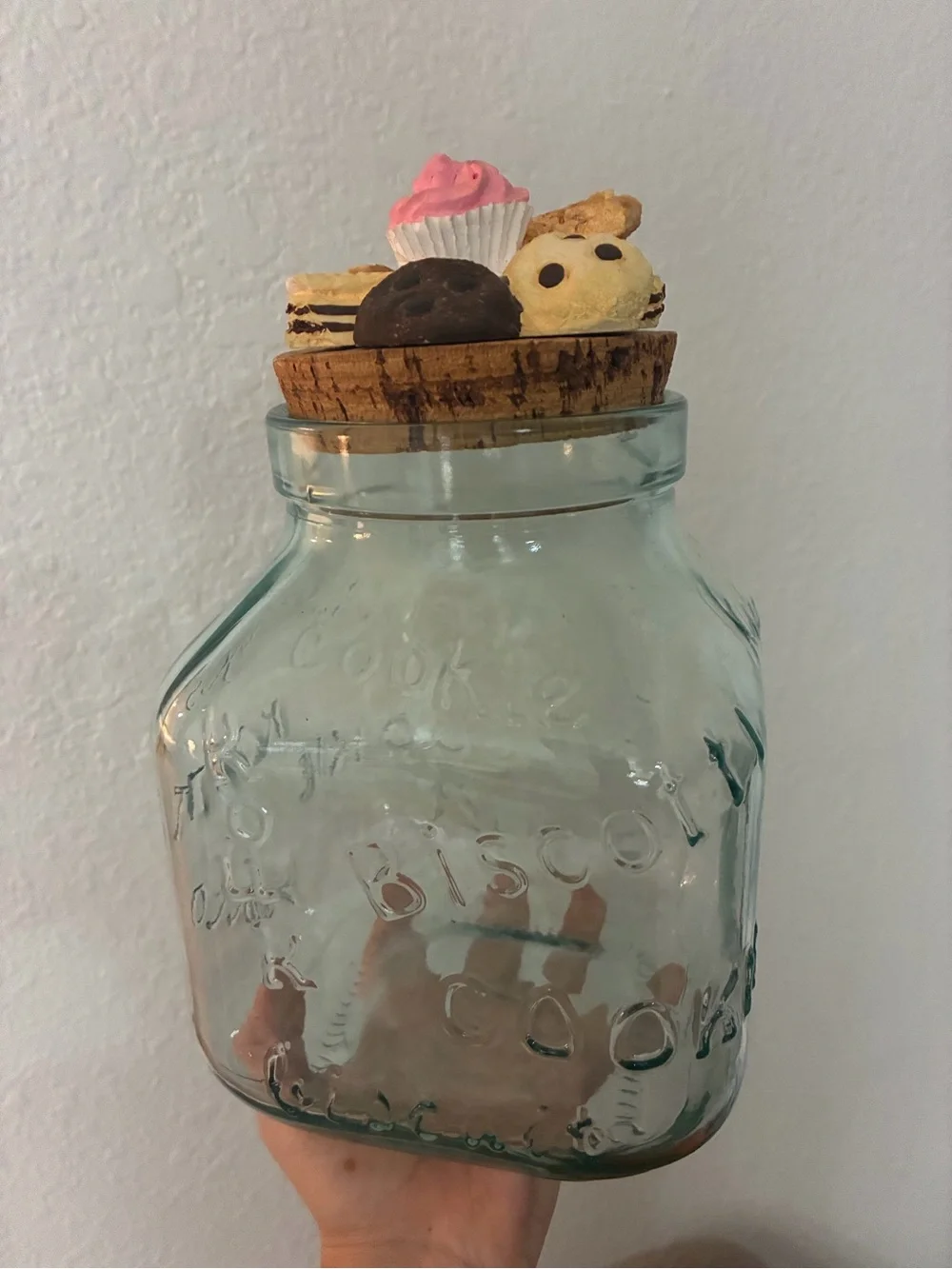 Light blue Glass Cookie Jar with cookie accent Lid - Pink & Neutral Decorative